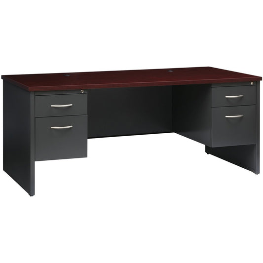 Lorell Fortress Modular Series Double-Pedestal Desk - 72" Width x 36" Depth, x 1.1" Thickness Top - Total Drawer(s): 2 - Double Pedestal - Material: Steel - Finish: Mahogany Laminate, Charcoal - Scratch Resistant, Stain Resistant, Ball-bearing Suspensi...