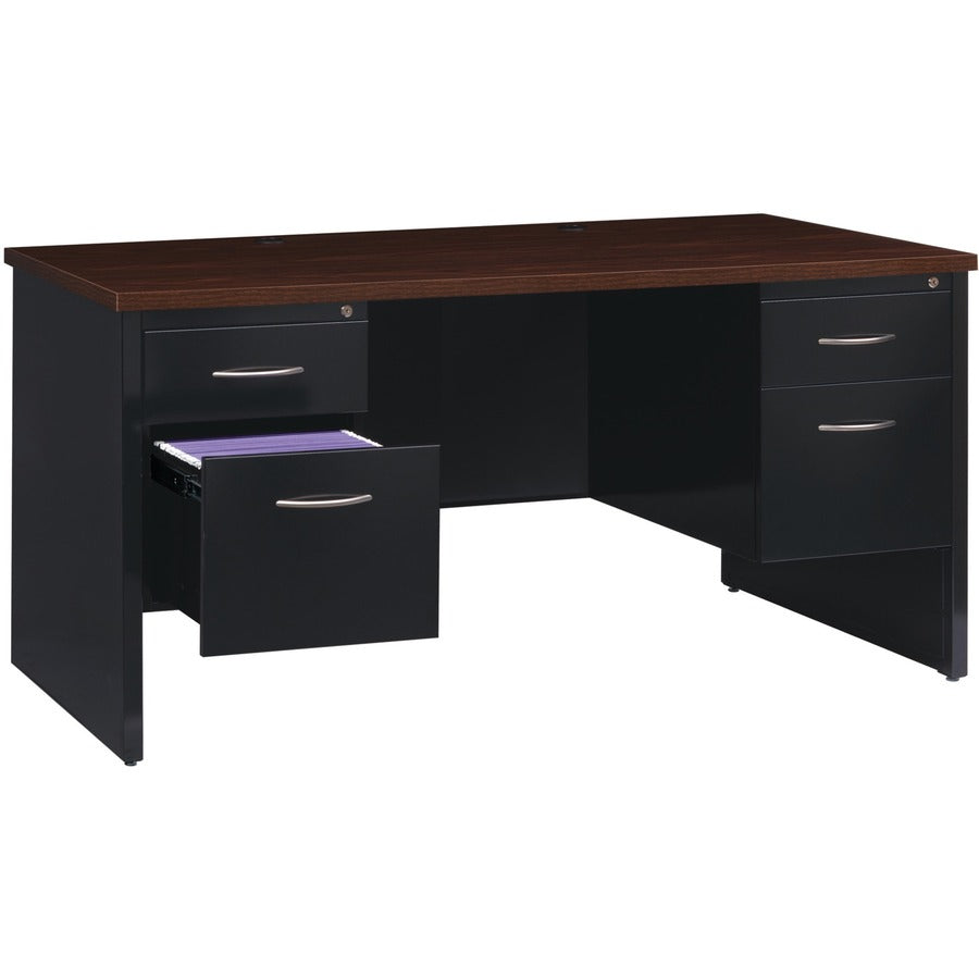 Lorell Fortress Modular Series Double-Pedestal Desk - 60" Width x 30" Depth, x 1.1" Thickness Top - Total Drawer(s): 4 - Double Pedestal - Material: Steel - Finish: Walnut Laminate, Black - Scratch Resistant, Stain Resistant, Ball-bearing Suspension, G...
