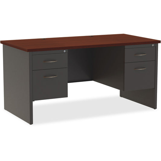 Lorell Fortress Modular Series Double-Pedestal Desk - 60" Width x 30" Depth, x 1.1" Thickness Top - Total Drawer(s): 2 - Double Pedestal - Material: Steel - Finish: Mahogany Laminate, Charcoal - Scratch Resistant, Stain Resistant, Ball-bearing Suspensi...
