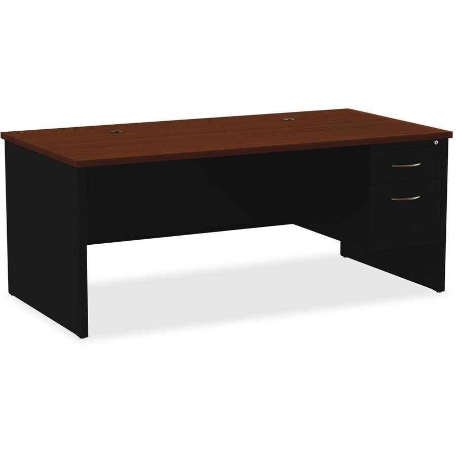Lorell Fortress Modular Series Right-Pedestal Desk - 72" Width x 36" Depth, x 1.1" Thickness Top - Total Drawer(s): 2 - Single Pedestal on Right Side - Material: Steel - Finish: Walnut Laminate, Black - Scratch Resistant, Stain Resistant, Ball-bearing...