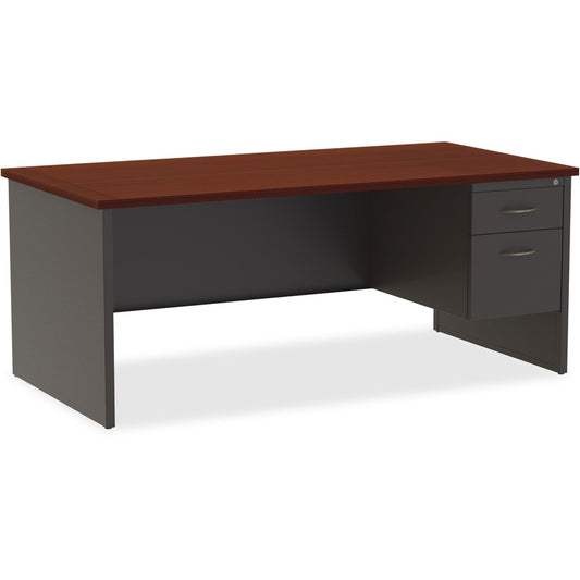 Lorell Fortress Modular Series Right-Pedestal Desk - 72" Width x 36" Depth, x 1.1" Thickness Top - Total Drawer(s): 2 - Single Pedestal on Right Side - Material: Steel - Finish: Mahogany Laminate, Charcoal - Scratch Resistant, Stain Resistant, Ball-bea...