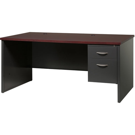 Lorell Fortress Modular Series Right-Pedestal Desk - 66" Width x 30" Depth, x 1.1" Thickness Top - Total Drawer(s): 2 - Single Pedestal on Right Side - Material: Steel - Finish: Walnut Laminate, Black - Scratch Resistant, Stain Resistant, Ball-bearing...