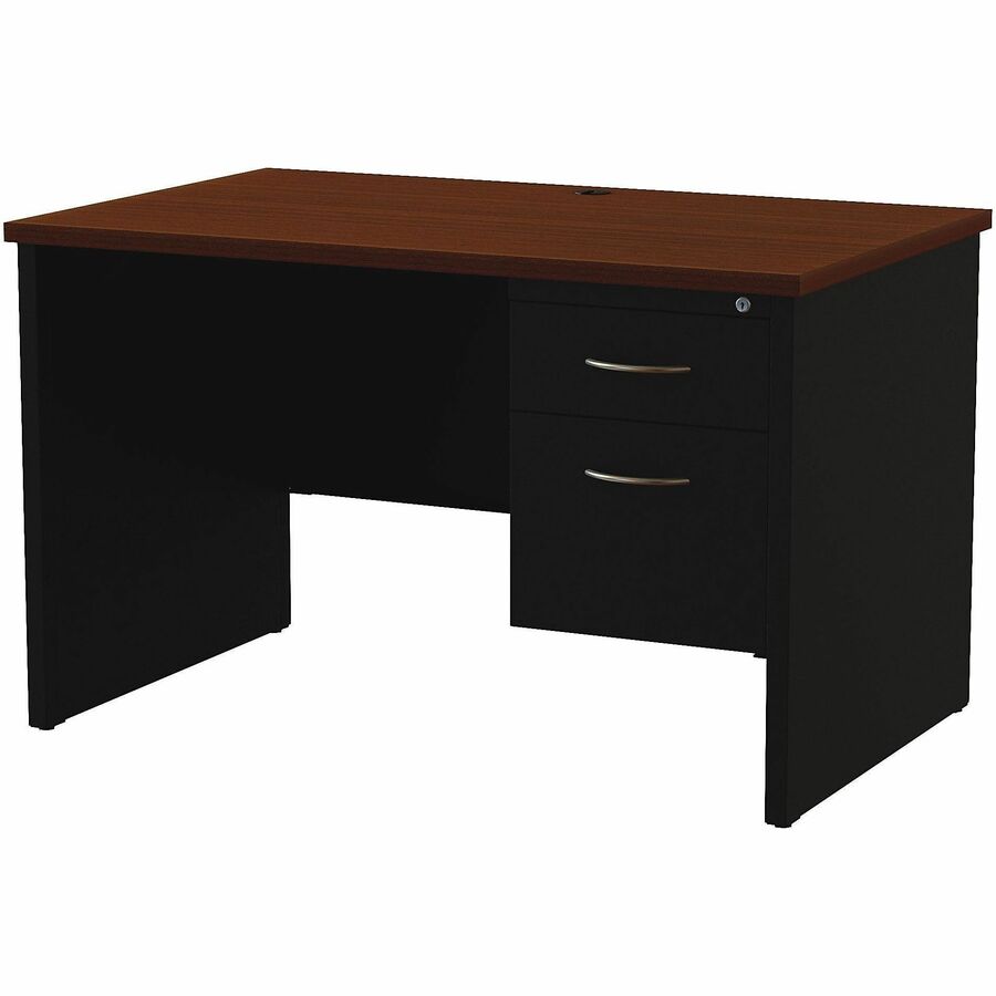 Lorell Modular 48"W x 30"D Right Pedestal Desk, Black/Walnut - 48" Width x 30" Depth, x 1.1" Thickness Top - Total Drawer(s): 2 - Single Pedestal on Right Side - Material: Steel - Finish: Walnut Laminate, Black - Scratch Resistant, Stain Resistant, Bal...