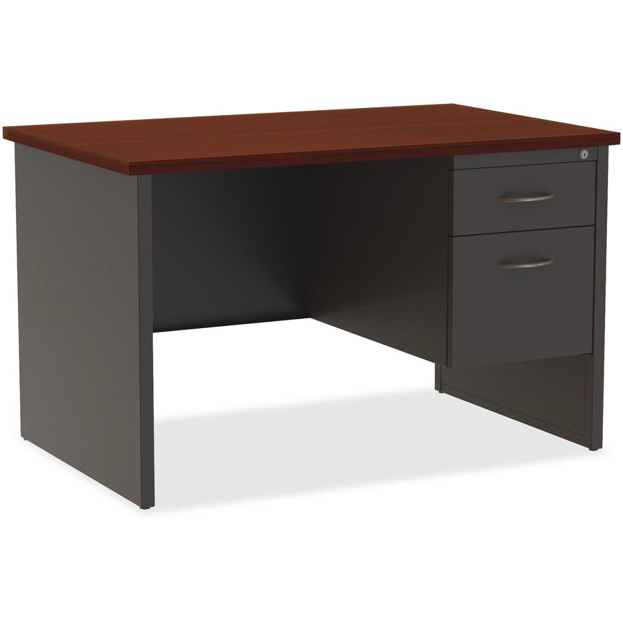 Lorell Fortress Modular Series Right-Pedestal Desk - 48" Width x 30" Depth, x 1.1" Thickness Top - Total Drawer(s): 2 - Single Pedestal on Right Side - Material: Steel - Finish: Mahogany Laminate, Charcoal - Scratch Resistant, Stain Resistant, Ball-bea...