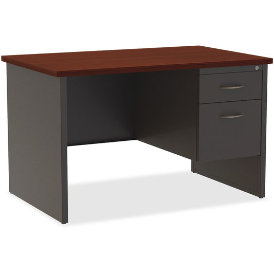 Lorell Fortress Modular Series Right-Pedestal Desk - 48" Width x 30" Depth, x 1.1" Thickness Top - Total Drawer(s): 2 - Single Pedestal on Right Side - Material: Steel - Finish: Mahogany Laminate, Charcoal - Scratch Resistant, Stain Resistant, Ball-bea...