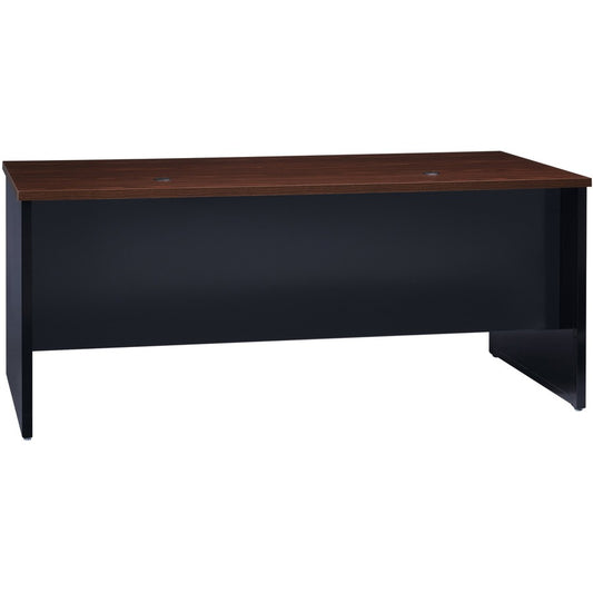 Lorell Fortress Modular Series Desk - 72" Width x 36" Depth, x 1.1" Thickness Top - Total Drawer(s): 2 - Single Pedestal on Left Side - Material: Steel - Finish: Walnut Laminate, Black - Scratch Resistant, Stain Resistant, Ball-bearing Suspension, Grom...