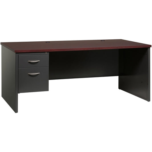 Lorell Fortress Modular Series Left-Pedestal Desk - 72" Width x 36" Depth, x 1.1" Thickness Top - Total Drawer(s): 2 - Single Pedestal on Left Side - Material: Steel - Finish: Mahogany Laminate, Charcoal - Scratch Resistant, Stain Resistant, Ball-beari...