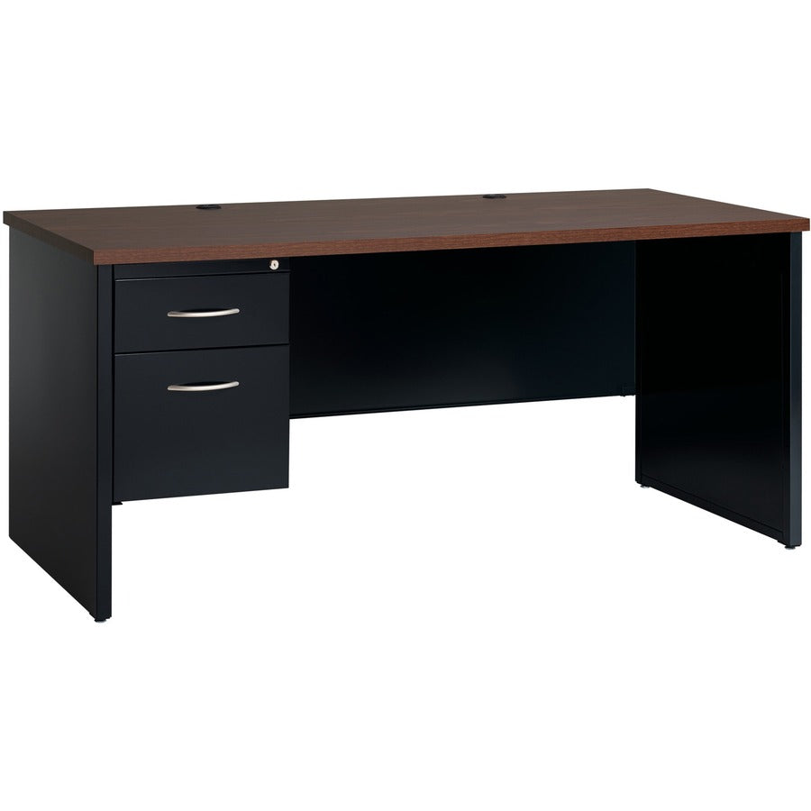 Lorell Fortress Modular Series Left-Pedestal Desk - 66" Width x 30" Depth, x 1.1" Thickness Top - Total Drawer(s): 2 - Single Pedestal on Left Side - Material: Steel - Finish: Walnut Laminate, Black - Scratch Resistant, Stain Resistant, Ball-bearing Su...