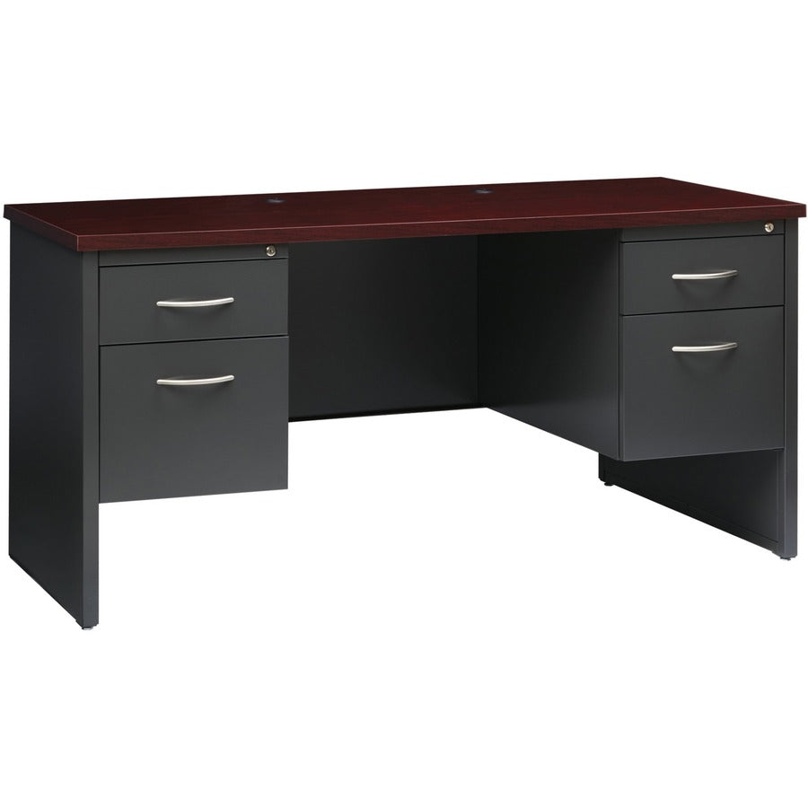 Lorell Fortress Modular Series Double-pedestal Credenza - 60" Width x 24" Depth, x 1.1" Thickness Top - Total Drawer(s): 2 - Double Pedestal - Material: Steel - Finish: Mahogany Laminate, Charcoal - Scratch Resistant, Stain Resistant, Ball-bearing Susp...