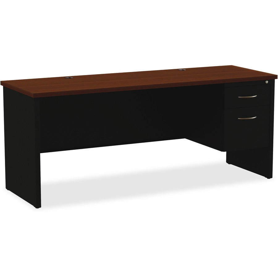 Lorell Fortress Modular Series Right-pedestal Credenza - 72" Width x 24" Depth, x 1.1" Thickness Top - Total Drawer(s): 2 - Single Pedestal on Right Side - Material: Steel - Finish: Walnut Laminate, Black - Scratch Resistant, Stain Resistant, Ball-bear...