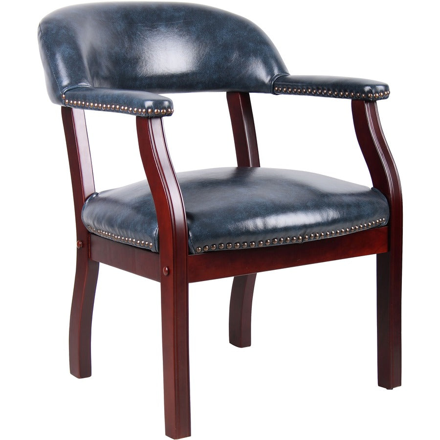 Boss Captain's Chair In Blue Vinyl - Blue Seat Color - Vinyl Seat Material - Blue Back Color - Vinyl Back Material - Mahogany Frame Color - Hardwood Frame Material - Four-legged Base - 1 Each
