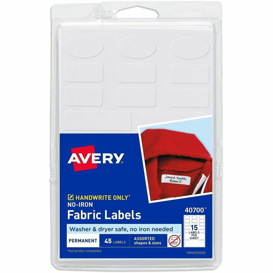 Avery&reg, No-Iron Clothing Labels - Assorted Shapes & Sizes - Waterproof - Permanent Adhesive - Assorted - Matte - White - Film - 15 / Sheet - 3 Total Sheets - 45 Total Label(s) - 45/Pack - 18 / Carton
