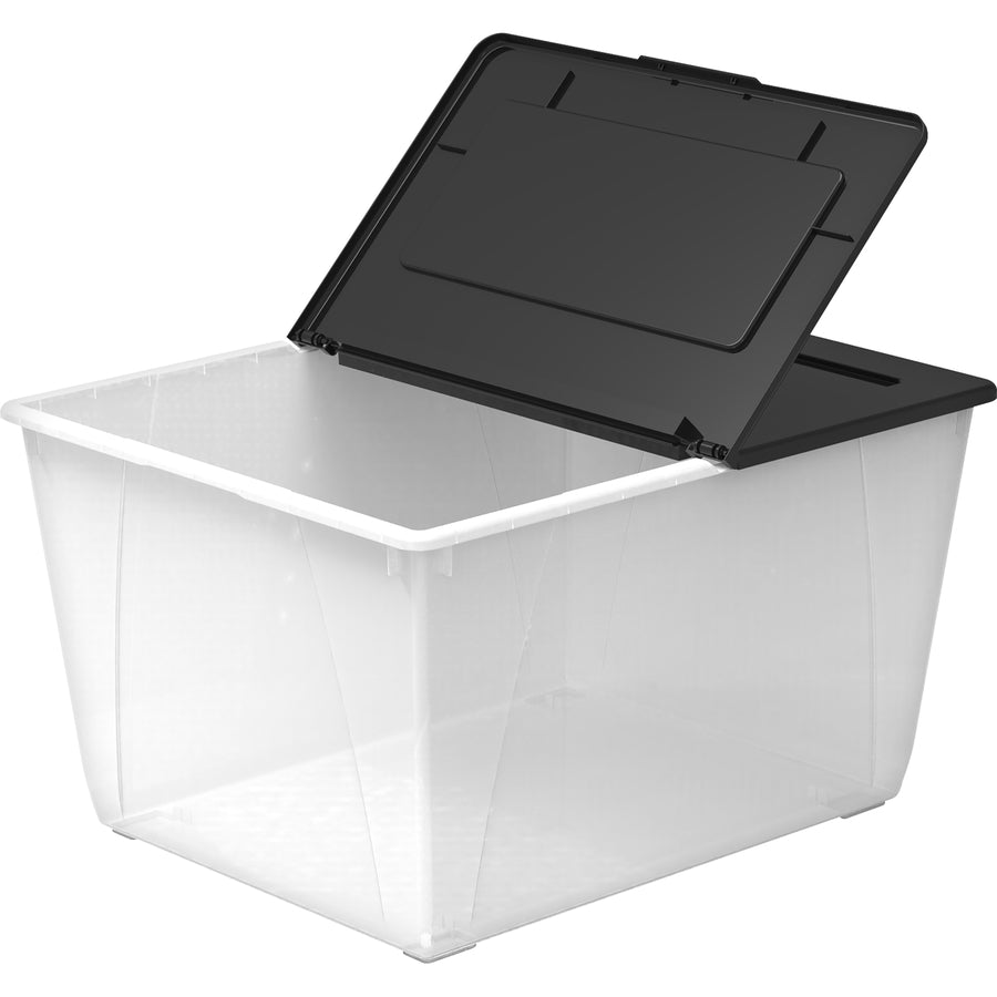 Storex 60L Flip Top File Storage Tote - External Dimensions: 22.7" Length x 18.3" Width x 12.9" Height - 50 lb - 15.85 gal - Media Size Supported: Legal, Letter - Flip Top Closure - Stackable - Plastic - Clear, Black - For File, Office Supplies, Decora...