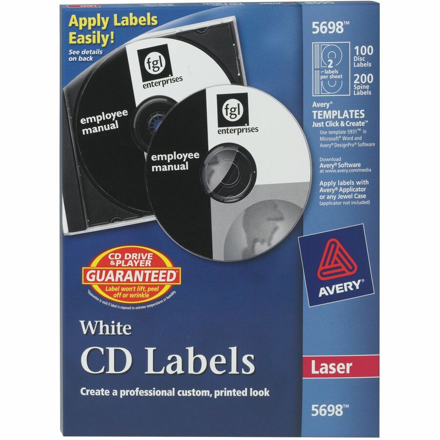 Avery&reg, Optical Disc Label - Permanent Adhesive - Laser - Matte - Matte White - Paper - 2 / Sheet - 50 Total Sheets - 100 Total Label(s) - 100 / Pack