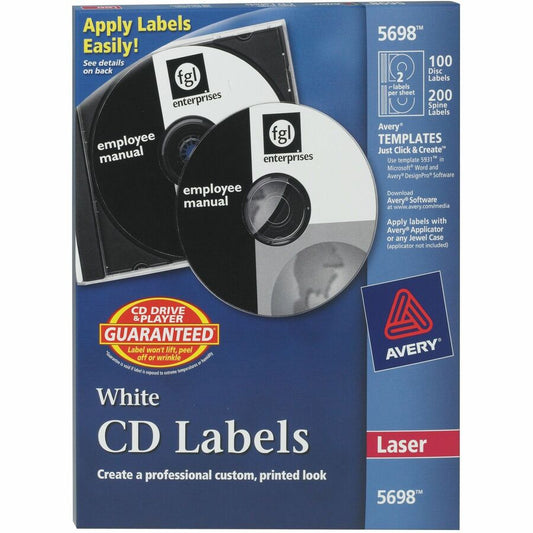 Avery, Optical Disc Label - Permanent Adhesive - Laser - Matte - Matte White - Paper - 2 / Sheet - 50 Total Sheets - 100 Total Label(s) - 100 / Pack