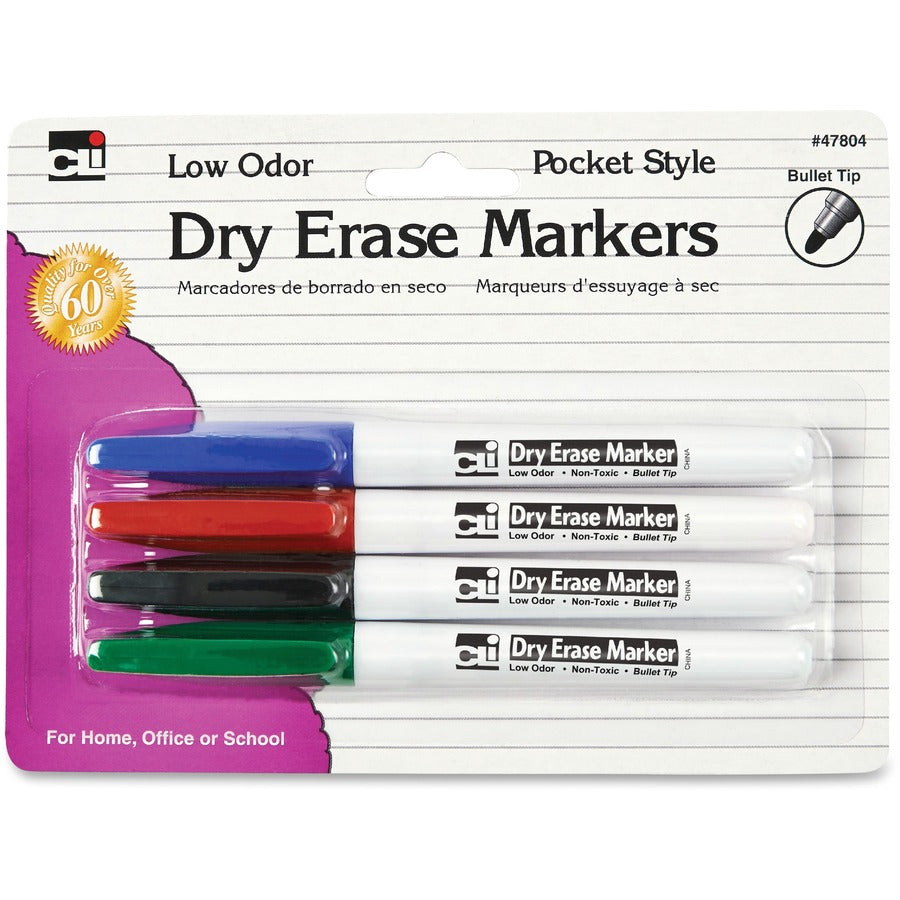 Charles Leonard Low Odor Dry Erase Markers - Black, Blue, Red, Green Ink - 4 / Pack