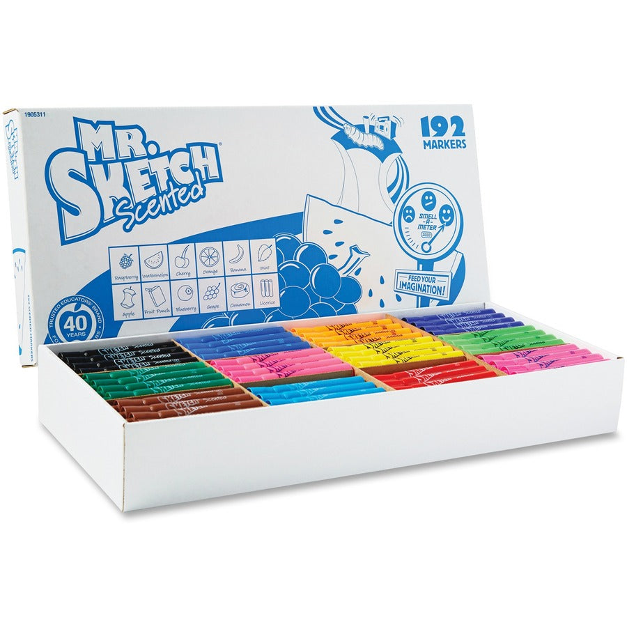 Mr. Sketch Scented Markers Classpack - Raspberry, Orange, Cherry, Banana, Mint, Apple Green, Blueberry, Grape, Cinnamon, Licorice, Melon, ... Ink - Water Based - 192 / Box