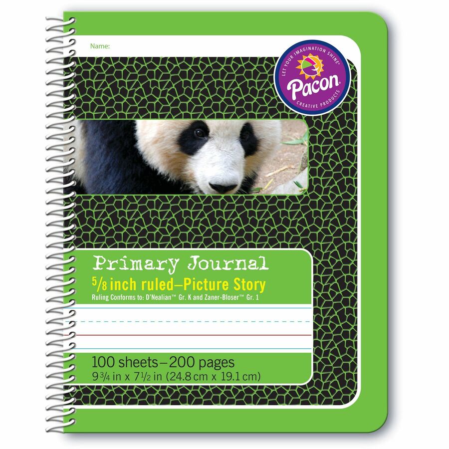 Pacon Composition Book - 100 Sheets - 200 Pages - Spiral Bound - Short Way Ruled Front Ruling - 0.63" Ruled - 4.50" Picture Story Space - 7 1/2" x 9 3/4" Sheet Size - Green Cover - 1 Each