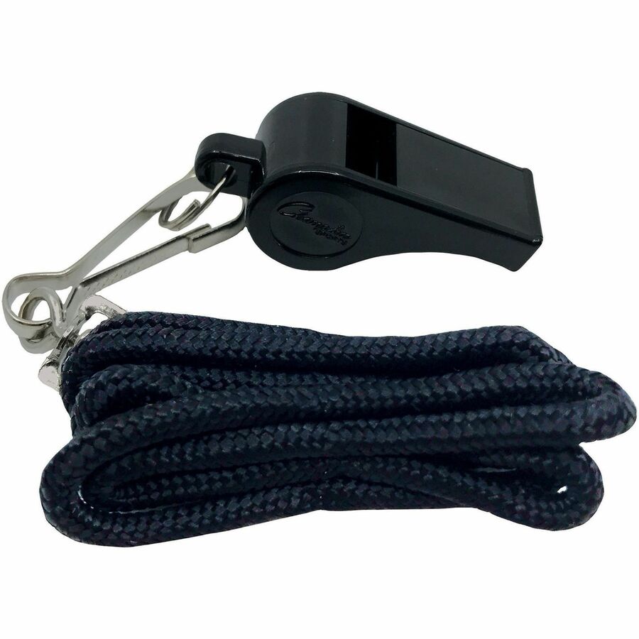 Champion Sports Plastic Whistle/Bulk Lanyard Pack - Black, Silver - Metal, Nylon, Plastic - 12 / Dozen