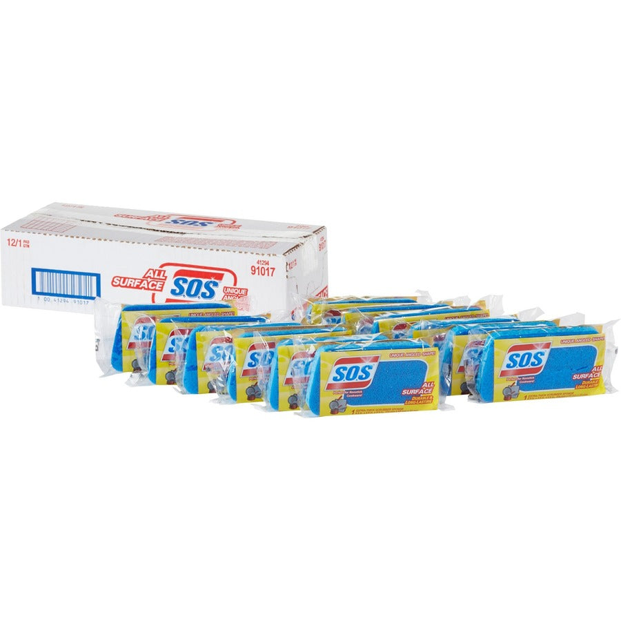 S.O.S All-Surface Scrubber Sponge - 4.5" Height x 2.5" Width x 0.9" Depth - 12 / Carton - Cellulose, Scrim - Blue