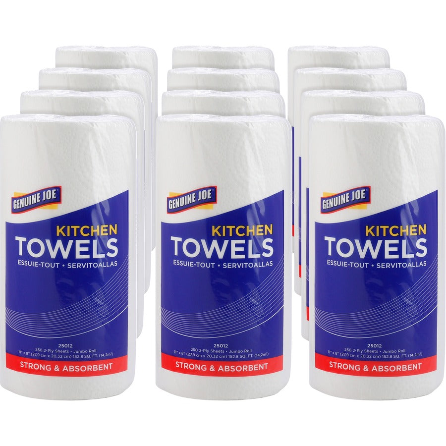 Genuine Joe Kitchen Roll Towels - 2 Ply - 8" Width x 11" Length - 250 Sheets/Roll - 1 5/8" Core - White - Paper - 12 / Carton