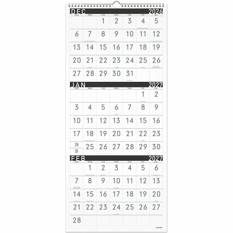 At-A-Glance Contemporary 3-Month Reference Wall Calendar - Large - Monthly - 15 Month - December 2026 to February 2028 - 3 Month Single Page Layout - 12" x 27" Sheet Size - White Sheet - Wire Bound - Chipboard, Paper - Black Cover - 1 Each