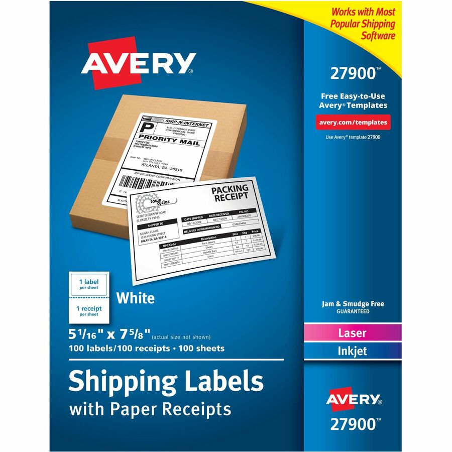 Avery&reg, Shipping Labels with Receipt, 5-1/16" x 7-5/8" 100 Count (27900) - 7 5/8" Length - Permanent Adhesive - Rectangle - Laser, Inkjet - White - Paper - 1 / Sheet - 100 Total Sheets - 100 Total Label(s) - 1 Box