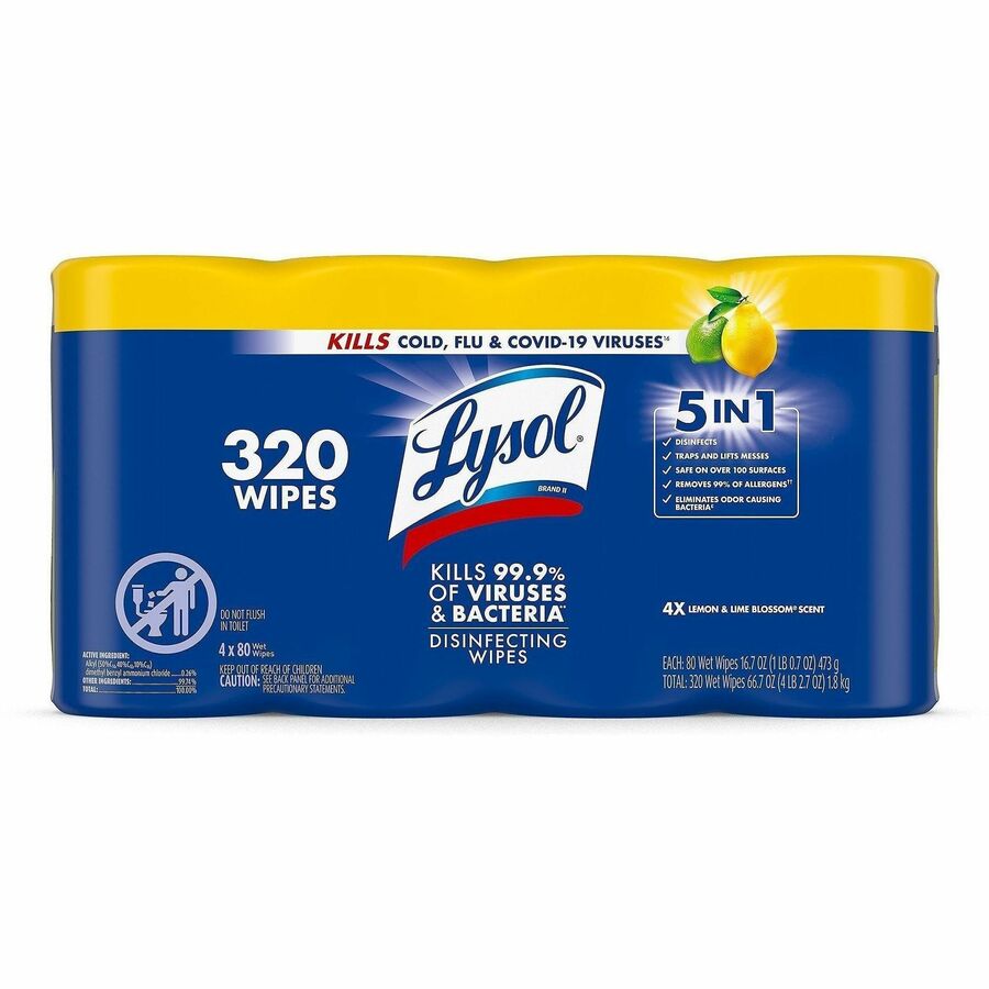 Lysol 4-pack Disinfecting Wipes - For Multi Surface - Wipe - Lemon Lime Scent - Recommended For: Bacteria Remover, Virus Remover, Germs Remover, Fungi Remover, Allergen Remover, Mold Remover, Mildew Remover - Pre-moistened, Antibacterial, Disinfectant...