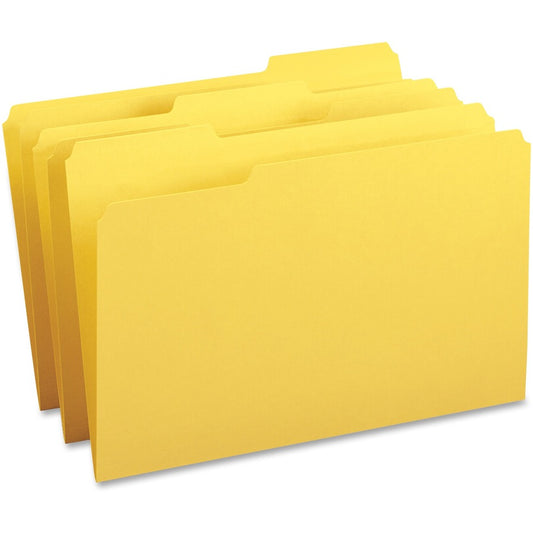 Business Source 1/3 Tab Cut Legal Top Tab File Folder - 8 1/2" x 14" - Top Tab Location - Assorted Tab Position - 11 pt. - 1 Plys - Yellow - 10% Recycled - 100 / Box
