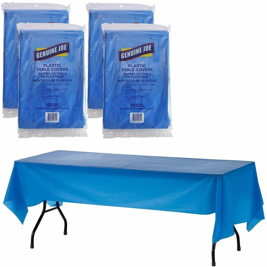Genuine Joe Plastic Rectangular Table Covers - 108" Length x 54" Width - Plastic - Blue - 6/Pack - 4 / Carton