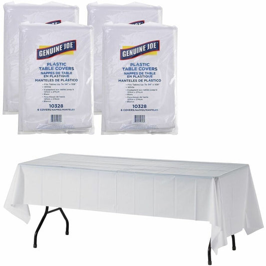Genuine Joe Plastic Rectangular Table Covers - 108" Length x 54" Width - Plastic - White - 6/Pack - 4 / Carton