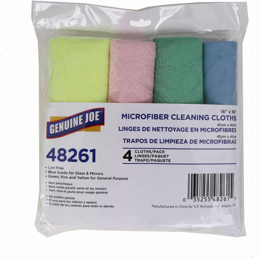 Genuine Joe Color-coded Microfiber Cleaning Cloths - 16" Width x 16" Length - Assorted - MicroFiber - 4/Pack - 9 / Carton