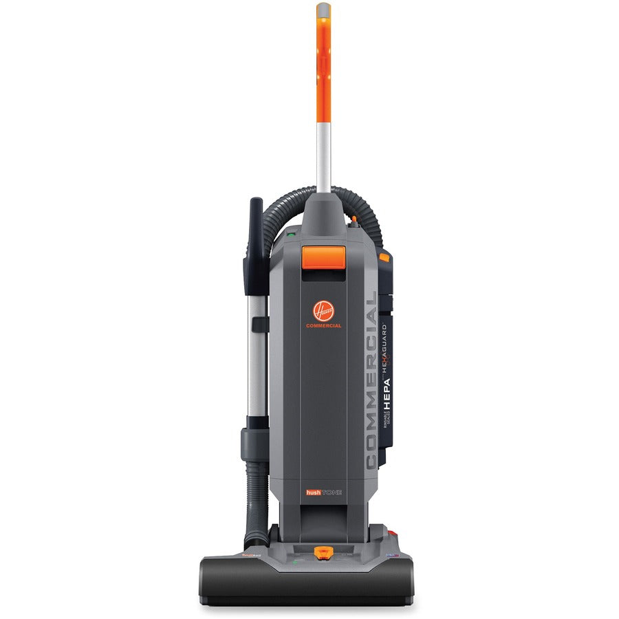 Hoover HushTone 15Plus Upright Vacuum - 1200 W Motor - 1.12 gal - Bagged - Brushroll, Filter, Hose, Nozzle, Wand - 15" Cleaning Width - 40 ft Cable Length - 8 ft Hose Length - HEPA - 1137 gal/min - 12 V DC - 10 A - 69 dB Noise - Gray