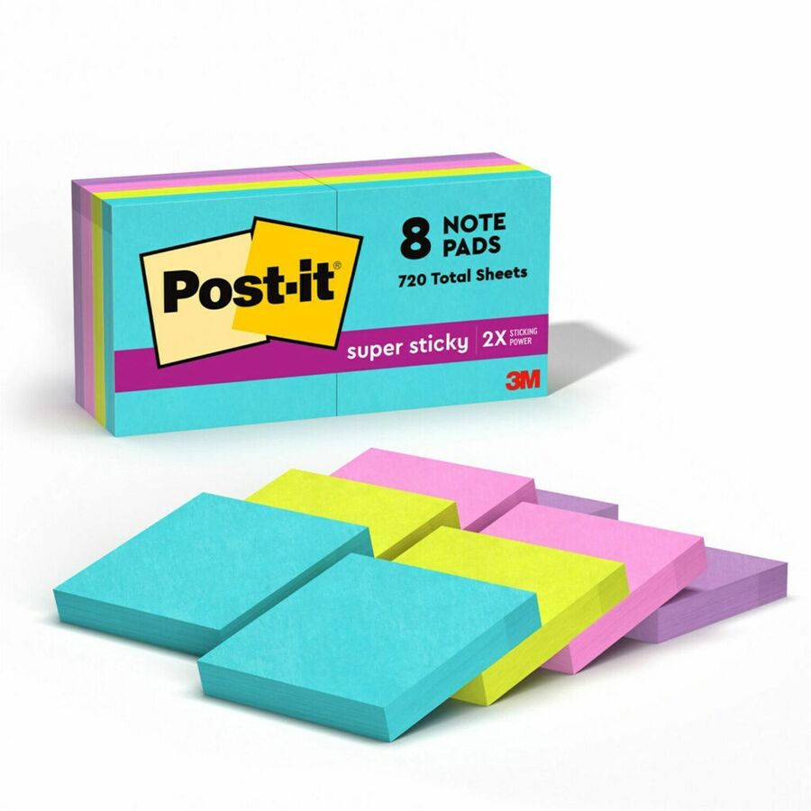Post-it&reg, Super Sticky Notes - Supernova Neons Color Collection - 720 x Multicolor - 2" Flag/Note Width x 2" Flag/Note Length - Rectangle - 90 Sheets per Pad - Aqua Splash, Acid Lime, Tropical Pink, Iris Infusion - Paper - Self-adhesive, Recyclable...