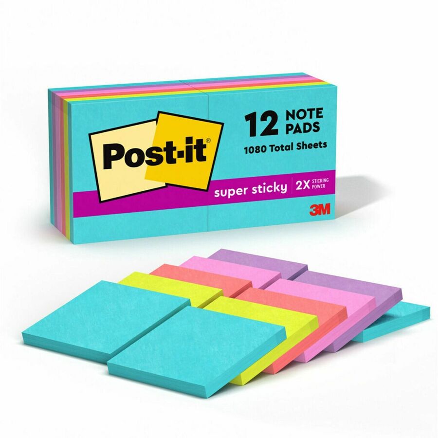 Post-it&reg, Super Sticky Notes - Supernova Neons Color Collection - 1080 x Multicolor - 3" Flag/Note Width x 3" Flag/Note Length - Rectangle - 90 Sheets per Pad - Aqua Splash, Tropical Pink, Acid Lime, Guava, Iris Infusion - Paper - Self-adhesive, Rec...