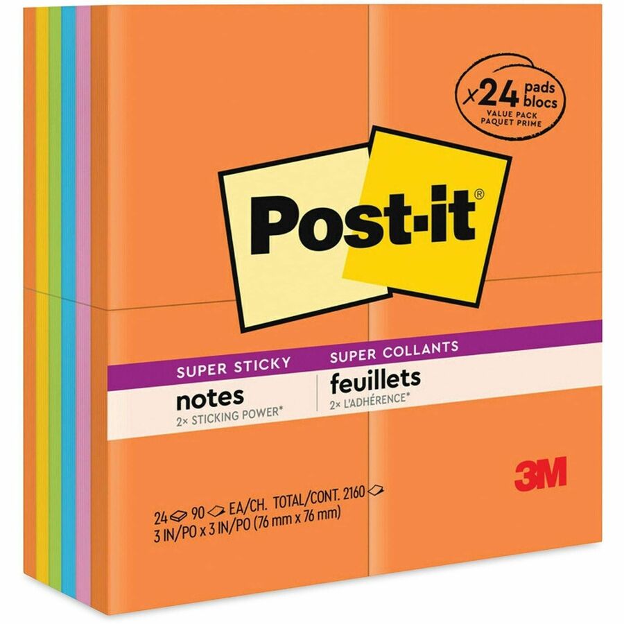 Post-it&reg, Super Sticky Notes - Energy Boost Color Collection - 1680 x Multicolor - 3" Flag/Note Width x 3" Flag/Note Length - Square - 70 Sheets per Pad - Vital Orange, Tropical Pink, Sunnyside, Blue Paradise, Limeade - Paper - Self-adhesive, Recycl...