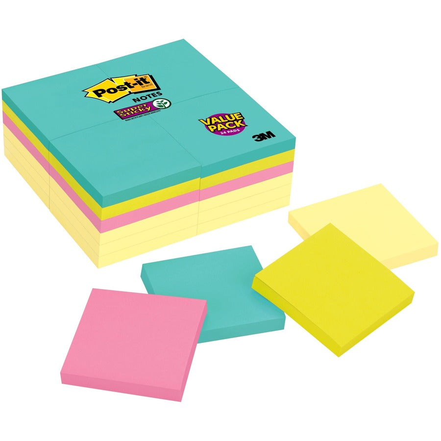 Post-it&reg, Super Sticky Notes - Supernova Neons Color Collection - 2160 x Multicolor - 3" Flag/Note Width x 3" Flag/Note Length - Rectangle - 90 Sheets per Pad - Aqua Splash, Tropical Pink, Acid Lime, Canary Yellow - Paper - Self-adhesive, Recyclable...