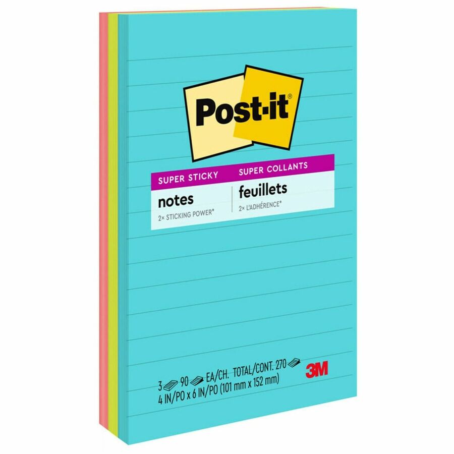 Post-it&reg, Super Sticky Notes - Supernova Neons Color Collection - 270 x Multicolor - 4" Flag/Note Width x 6" Flag/Note Length - Rectangle - 90 Sheets per Pad - Ruled - Aqua Splash, Acid Lime, Guava - Paper - Self-adhesive, Recyclable - 3 / Pack