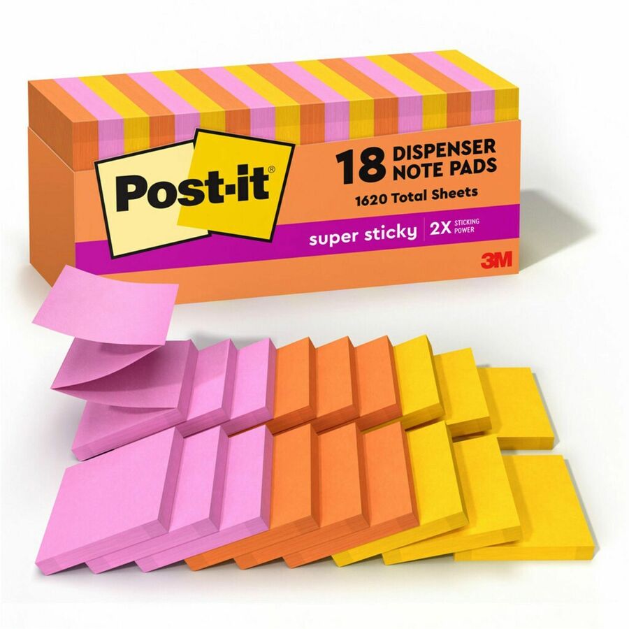 Post-it&reg, Super Sticky Dispenser Notes - Energy Boost Color Collection - 3" Flag/Note Width x 3" Flag/Note Length - Rectangle - Vital Orange, Tropical Pink, Sunnyside - Paper - Self-adhesive, Removable, Recyclable - 1 Pack