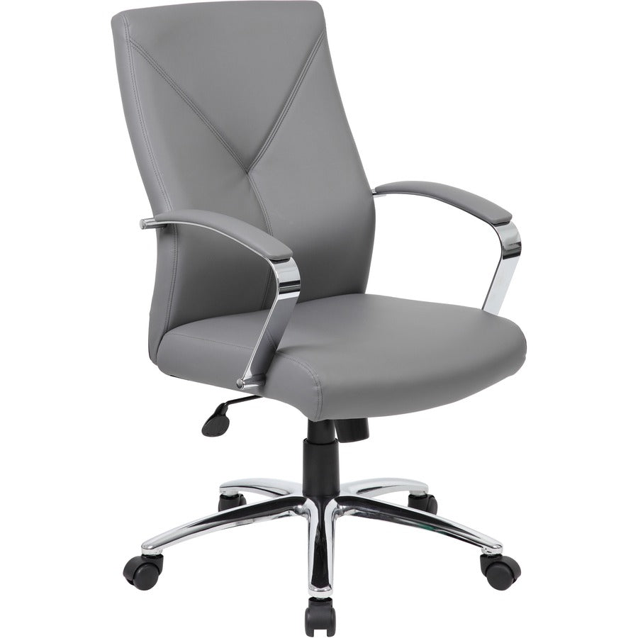Boss B10101 Executive Chair - Gray Seat Color - LeatherPlus Seat Material - Gray Back Color - Leather, Polyurethane Back Material - Chrome, Black Frame Color - Chrome Frame Material - 5-star Base - 1 Each