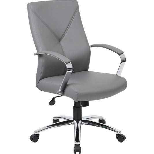 Boss B10101 Executive Chair - Gray Seat Color - LeatherPlus Seat Material - Gray Back Color - Leather, Polyurethane Back Material - Chrome, Black Frame Color - Chrome Frame Material - 5-star Base - 1 Each