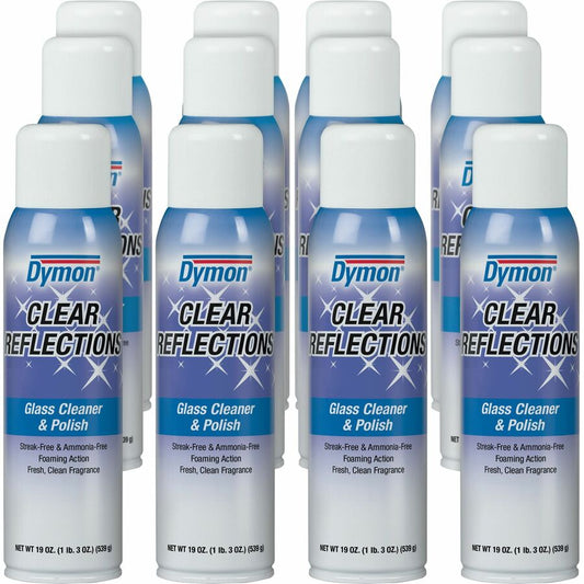 Dymon Clear Reflections Aerosol Glass Cleaner - 19 fl oz (0.6 quart) - Residue-free - Silver, Blue - 12 / Carton