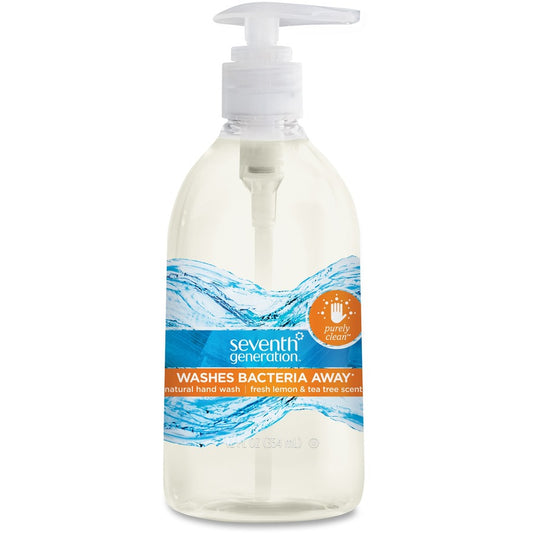 Seventh Generation Purely Clean Hand Wash - Fresh Lemon & Tea Tree Scent - 12 fl oz - Pump Bottle Dispenser - Kill Germs, Bacteria Remover - Hand - Antibacterial - Clear - Dye-free, Phthalate-free, Bio-based, Rich Lather, Gluten-free - 8 / Carton