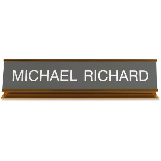 Xstamper Pedestal Aluminum Desk Sign - 10" Holding Width x 2" Holding Height - Rectangular Shape - Long Lasting, Durable - Aluminum, Plastic - Gold - 1 Each