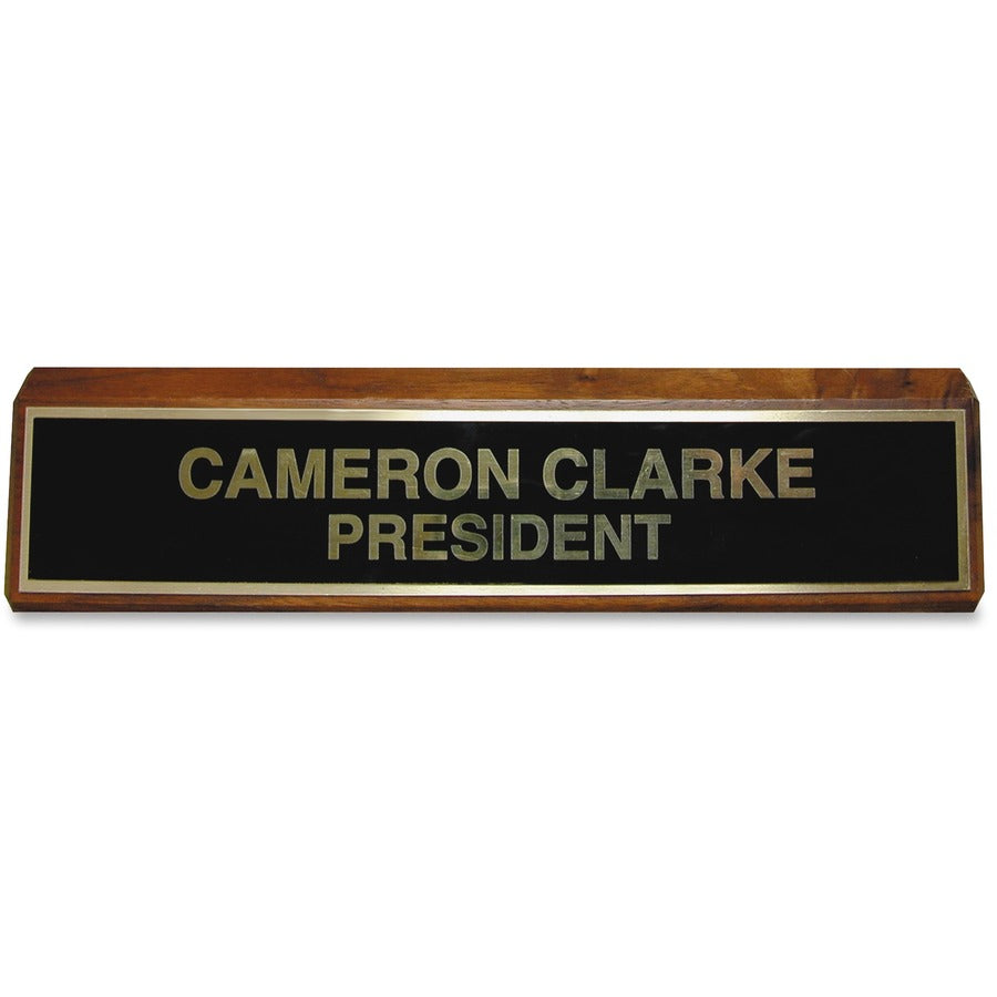 Xstamper Wood Base Brass Plated Desk Sign - 10" Width x 2" Height - Rectangular Shape - Brass, Walnut Wood - Black - 1 Each