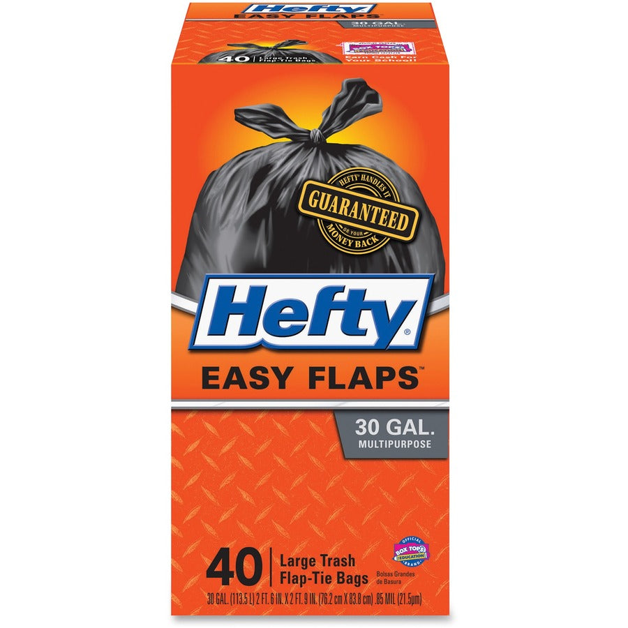 Hefty Easy Flaps 30-gallon Large Trash Bags - Large Size - 30 gal Capacity - 33" Length x 30" Width x 0.85 mil (22 Micron) Thickness - Drawstring Closure - Black - Can - 40/Box - 6 / Carton