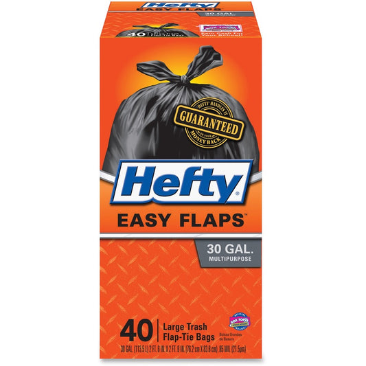 Hefty Easy Flaps 30-gallon Large Trash Bags - Large Size - 30 gal Capacity - 33" Length x 30" Width x 0.85 mil (22 Micron) Thickness - Drawstring Closure - Black - Can - 40/Box - 6 / Carton