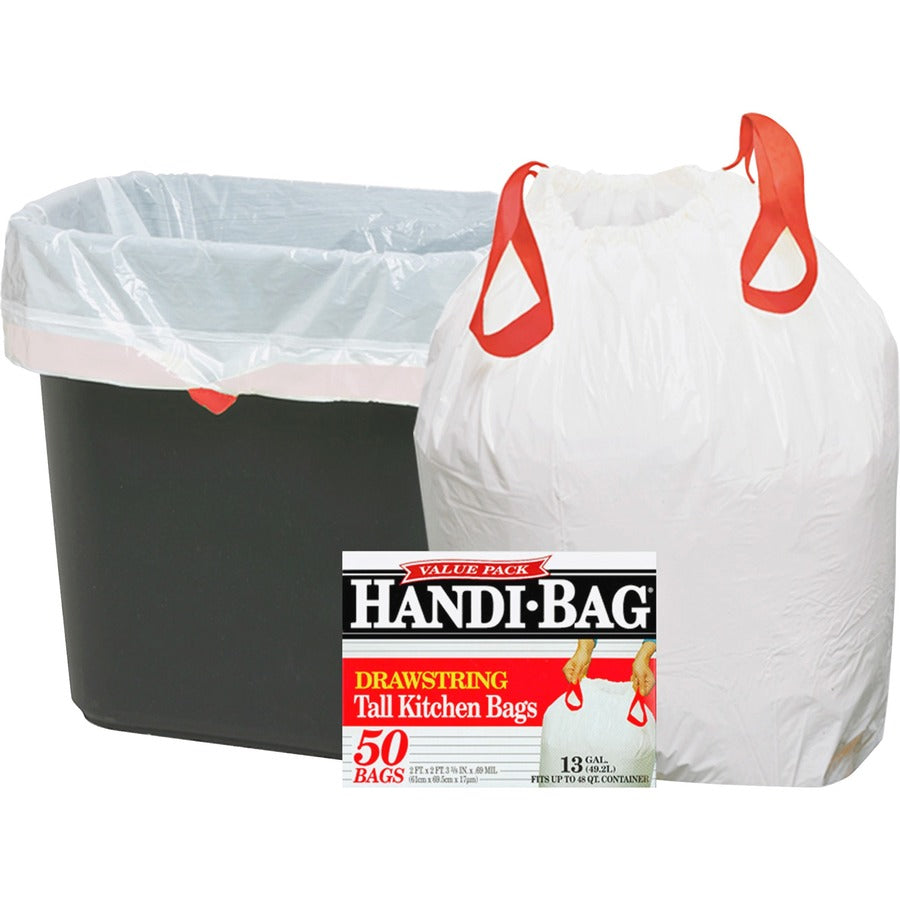 Berry Handi-Bag Drawstring Tall Kitchen Bags - Small Size - 13 gal Capacity - 27" Length x 24" Width x 0.69 mil (18 Micron) Thickness - Drawstring Closure - White - Resin - Kitchen - 50/Box - 6 / Carton