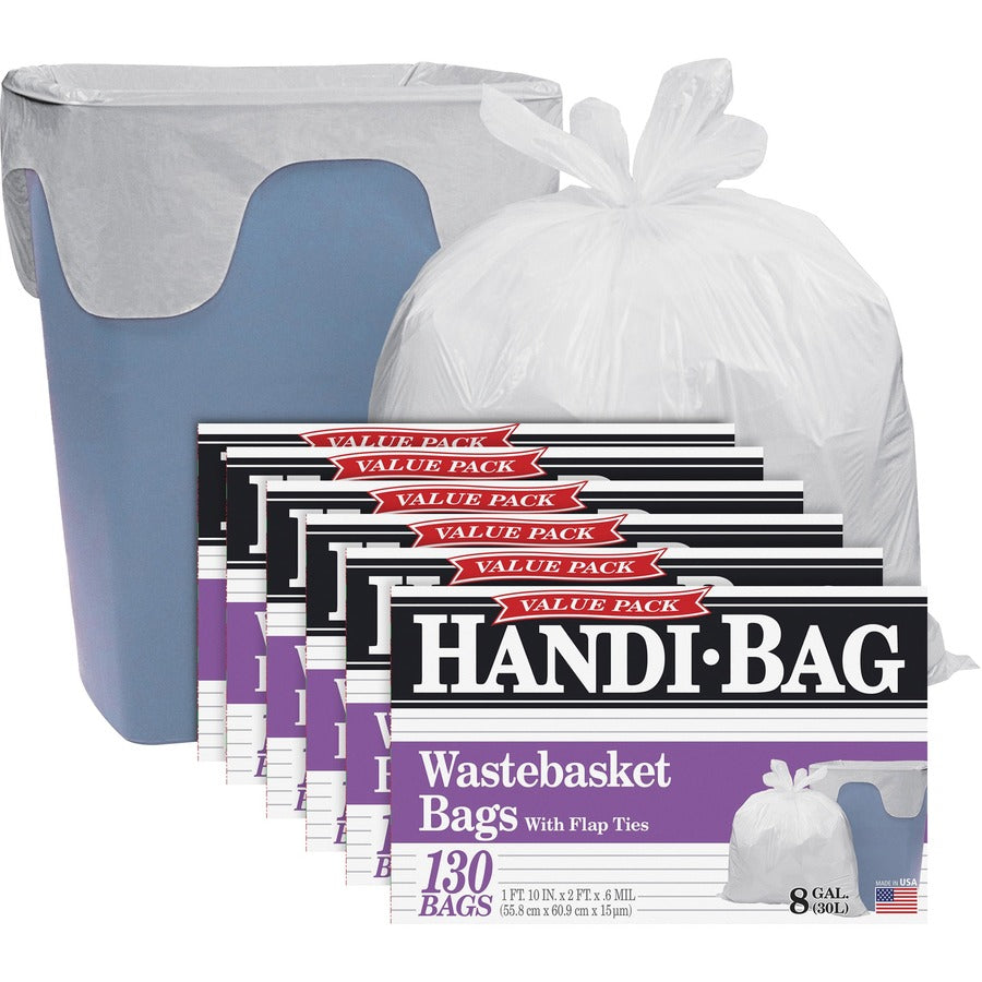 Berry Handi-Bag Wastebasket Bags - Small Size - 8 gal Capacity - 24" Length x 21.50" Width x 0.60 mil (15 Micron) Thickness - White - Hexene Resin - Home, Office - 130/Box - 6 / Carton