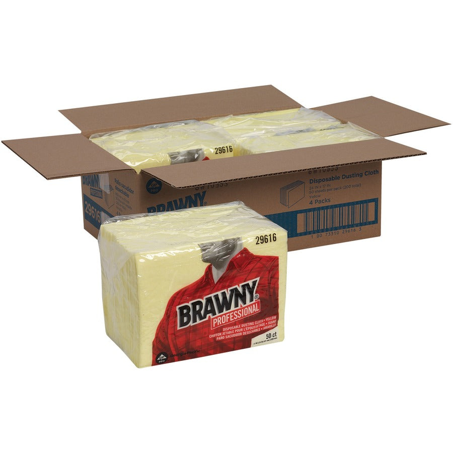 Brawny&reg, Professional Disposable Dusting Cloths - For Household, Janitorial - Wipe - 24" Length x 17" Width - Recommended For: Dust Remover - Moisture Resistant, Soft, Strong - Yellow - 50/Pack - 4 / Carton